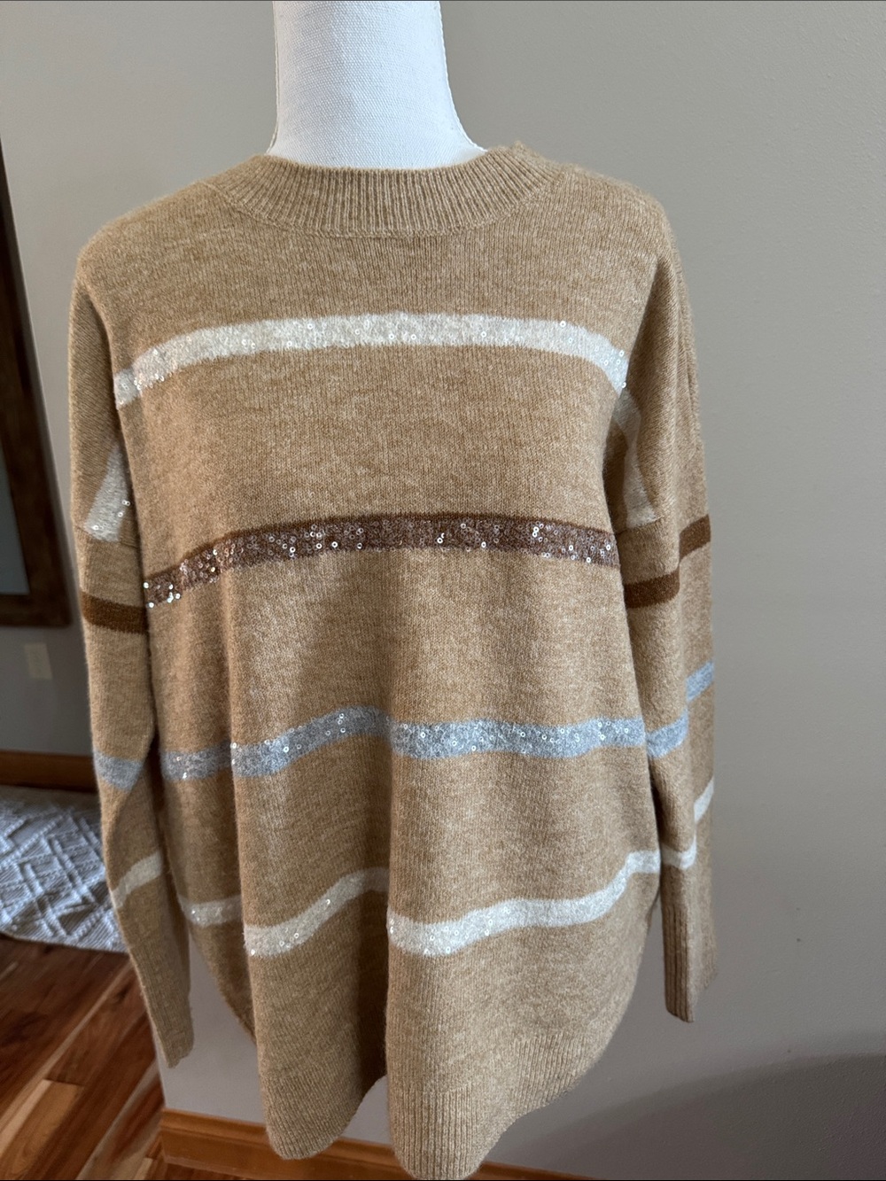 New CeCe Tan Striped Crewneck Sweater with Sequin Accents - Small